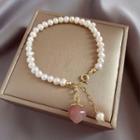 Faux Pearl Gemstone Bracelet 1pc - Gold & White & Pink - One Size