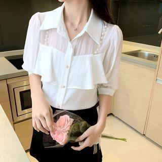 Elbow-sleeve Faux Pearl Ruffle Blouse