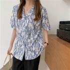 Short-sleeve Print Open-collar Shirt Blue & Off-white - One Size