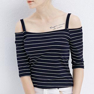 Elbow-sleeve Off-shoulder Striped Top