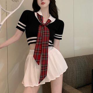 Short-sleeve Collar Contrast Trim Crop Top / Plaid Tie / Mini Pleated Skirt / Set