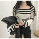 Striped Cold Shoulder Long-sleeve Knit Top Black & White - One Size