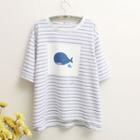 Elbow-sleeve Whale Print Striped T-shirt