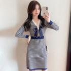 V-neck Striped Knit Mini A-line Dress