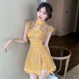 Set: Lace Floral Stand-collar Side-slit Dress + Shorts