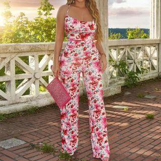 Halter Neck Floral Print Wide-leg Jumpsuit