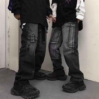Distressed Panel Straight-cut Jeans