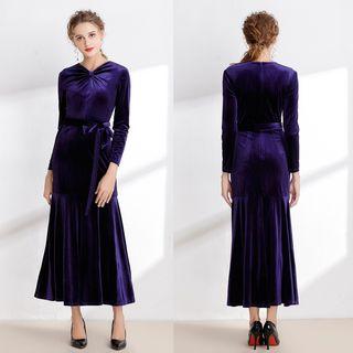 Long Sleeve V-neck Knotted Midi Evening Dress