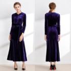 Long Sleeve V-neck Knotted Midi Evening Dress