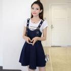 3/4-sleeve Shirt / Lettering Short-sleeve T-shirt / Denim A-line Pinafore Dress / Set