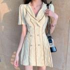 Short-sleeve Floral Print Double-breasted A-line Dress