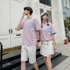 Couple Matching Elbow-sleeve Striped Pocket T-shirt / Shorts / A-line Mini Skirt