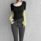 Long-sleeve Two-tone Cutout T-shirt