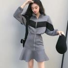Two-tone Zip-front A-line Pullover Dress
