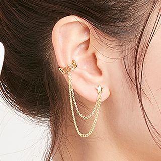 Star Chained Stud Ear Cuff 1 Pc - Silver Needle Earring - Gold - One Size