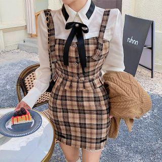 Long-sleeve Shirt / Spaghetti Strap Plaid Top / Mini Fitted Skirt / Set