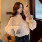 Long-sleeve Frill Trim Blouse Off - White - One Size