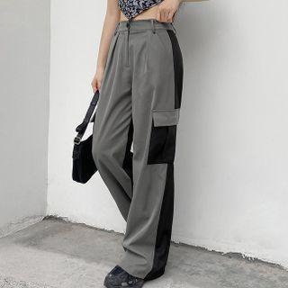 High-waist Pocket Color-block Wide-leg Pants