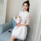 Collared 3/4 Sleeve A-line Lace Dress