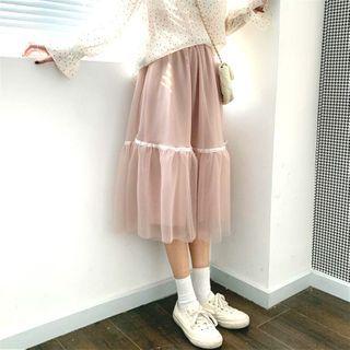 Tiered Mesh A-line Midi Skirt