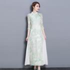 3/4-sleeve Printed Maxi Qipao Dress