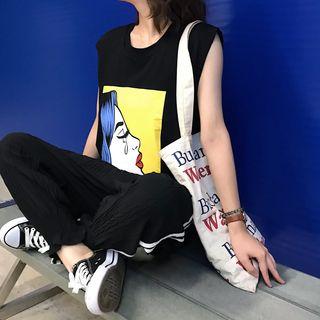 Sleeveless Print T-shirt / Contrast Trim Pants