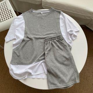 Set: Short Sleeve Mock Two Piece Top + Wide Leg Shorts