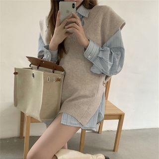 Distressed Loose-fit Knit Vest / Striped Loose Shirt