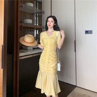 Plain Short-sleeve Frilled Midi Dress