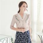 Elbow-sleeve Floral Embroidered Cardigan