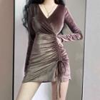 V-neck Drawstring Velvet Mini Dress