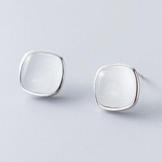 925 Sterling Silver Cat Eye Stone Stud Earrings Silver - One Size