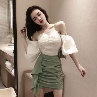 Cold Shoulder Elbow-sleeve Top / Mini Pencil Skirt