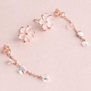 925 Sterling Silver Flower Dangle Earring 1 Pair - S925 Sterling Silver - Pink - One Size
