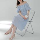 Puff-sleeve Off-shoulder Belted Midi A-line Dress