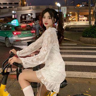 Long-sleeve Lace Ruffle Trim A-line Dress / Slipdress