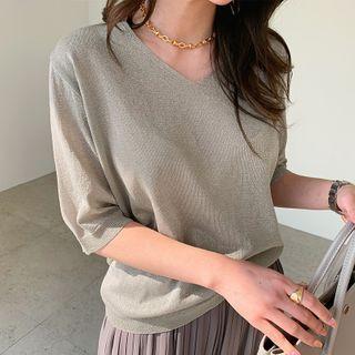 V-neck Glitter Knit Top Gray - One Size