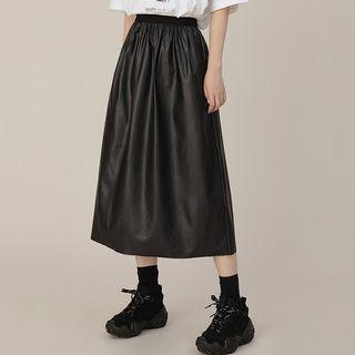 Elastic-waist Faux-leather Skirt Black - One Size