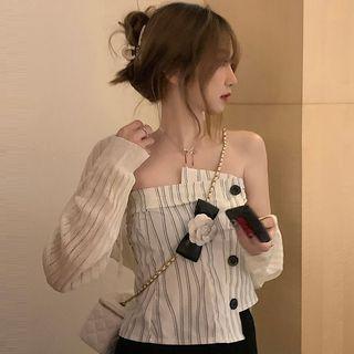 Asymmetrical Button-up Tube Top / Long-sleeve Tie-strap Cropped Cardigan