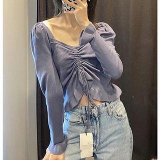 Long-sleeve Lace-up Knit Cropped Top