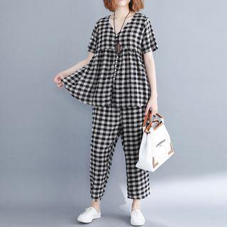 Set: Check Short-sleeve Top + Wide Leg Pants