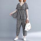 Set: Check Short-sleeve Top + Wide Leg Pants