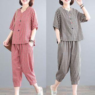 Set: Elbow-sleeve Gingham Check Blouse + Cropped Pants