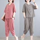 Set: Elbow-sleeve Gingham Check Blouse + Cropped Pants