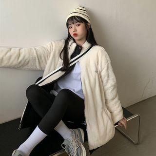 Stand-collar Furry Padded Zip Jacket Black + White - One Size