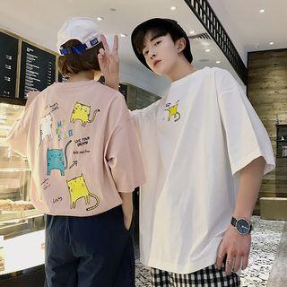 Couple Matching Cartoon Print Elbow-sleeve T-shirt