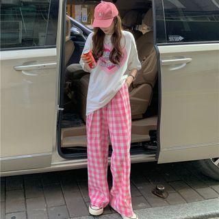 Elbow-sleeve Lettering T-shirt / Gingham Wide-leg Pants