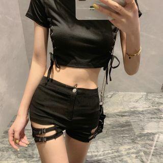 Short-sleeve Lace-up Crop T-shirt / Buckled Cutout Hot Pants