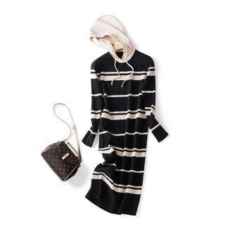 Striped Hooded Midi Sweater Dress As Shown In Figure - One Size