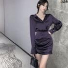 Long-sleeve Open-collar Mini Sheath Dress